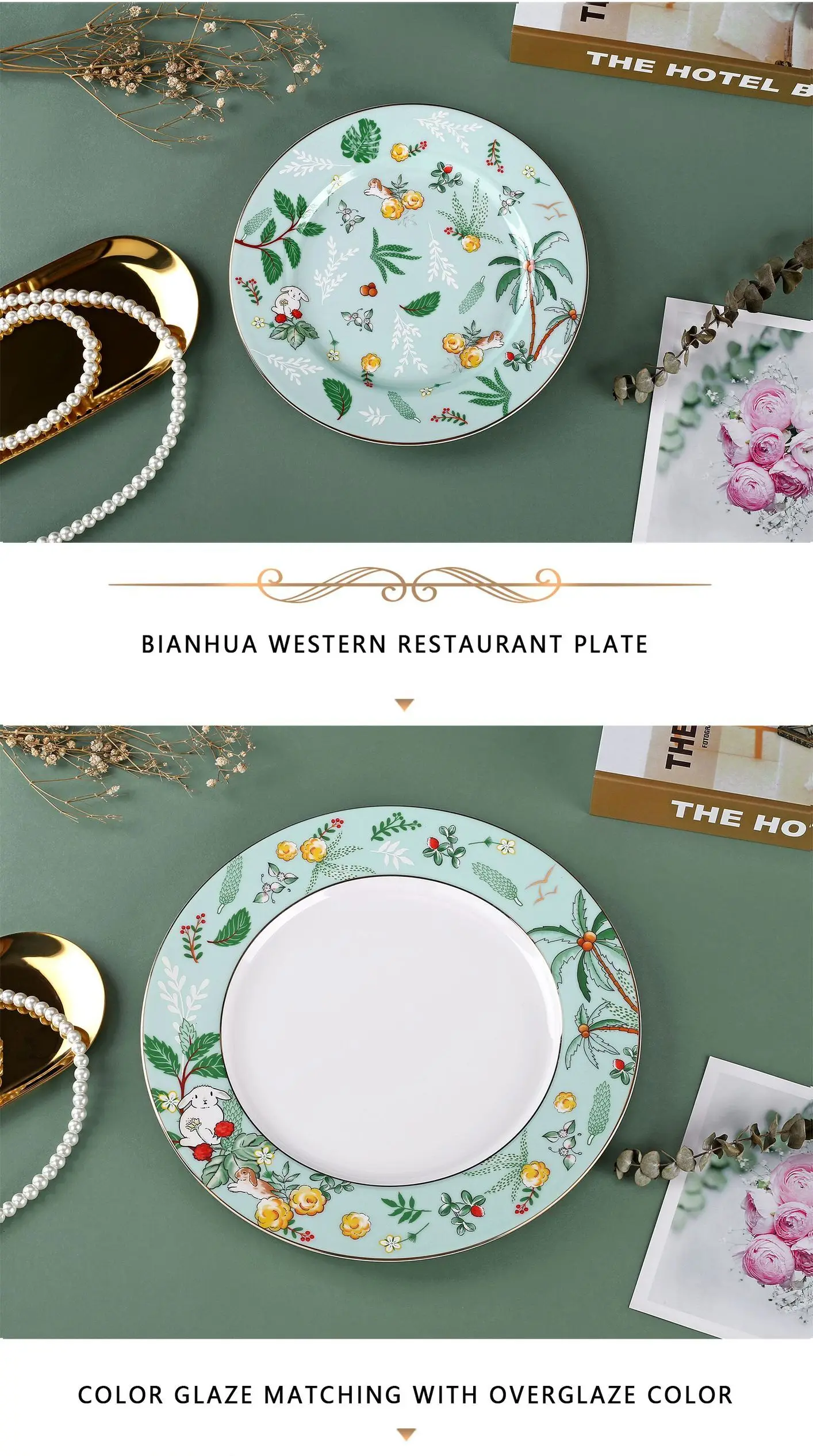 Elegant porcelain 8'' and 10.5'' wonderland rabbit pattern gift and home use bone china dinner plate for home factory