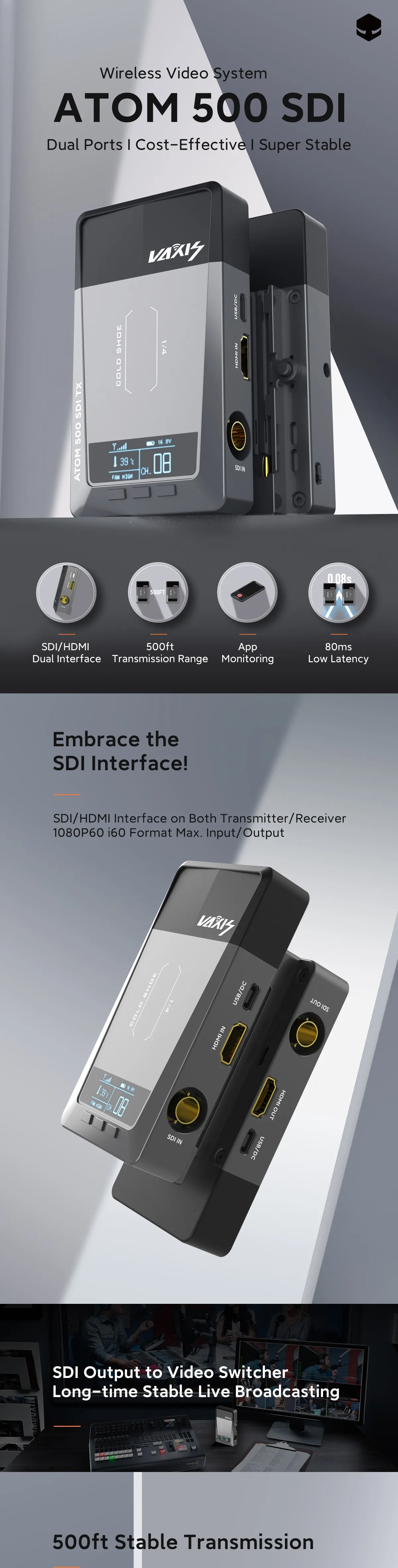 Vaxis Atom 500 Sdi 500ft Wireless Video Transmission System 1080p Hd