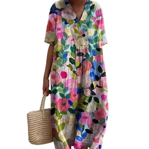 Elegant Ladies Summer Dress for Women Casual Loose Long Print with Zipper Draped Diamond & Ruffle Decor Comfortable Hot Style