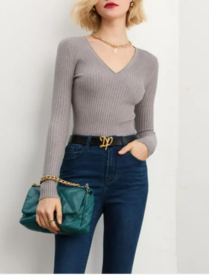 Stock 2022 Women V-neck ribbed pullover long-sleeved autumn Solid Color jumper thin knit wear basic top sweater