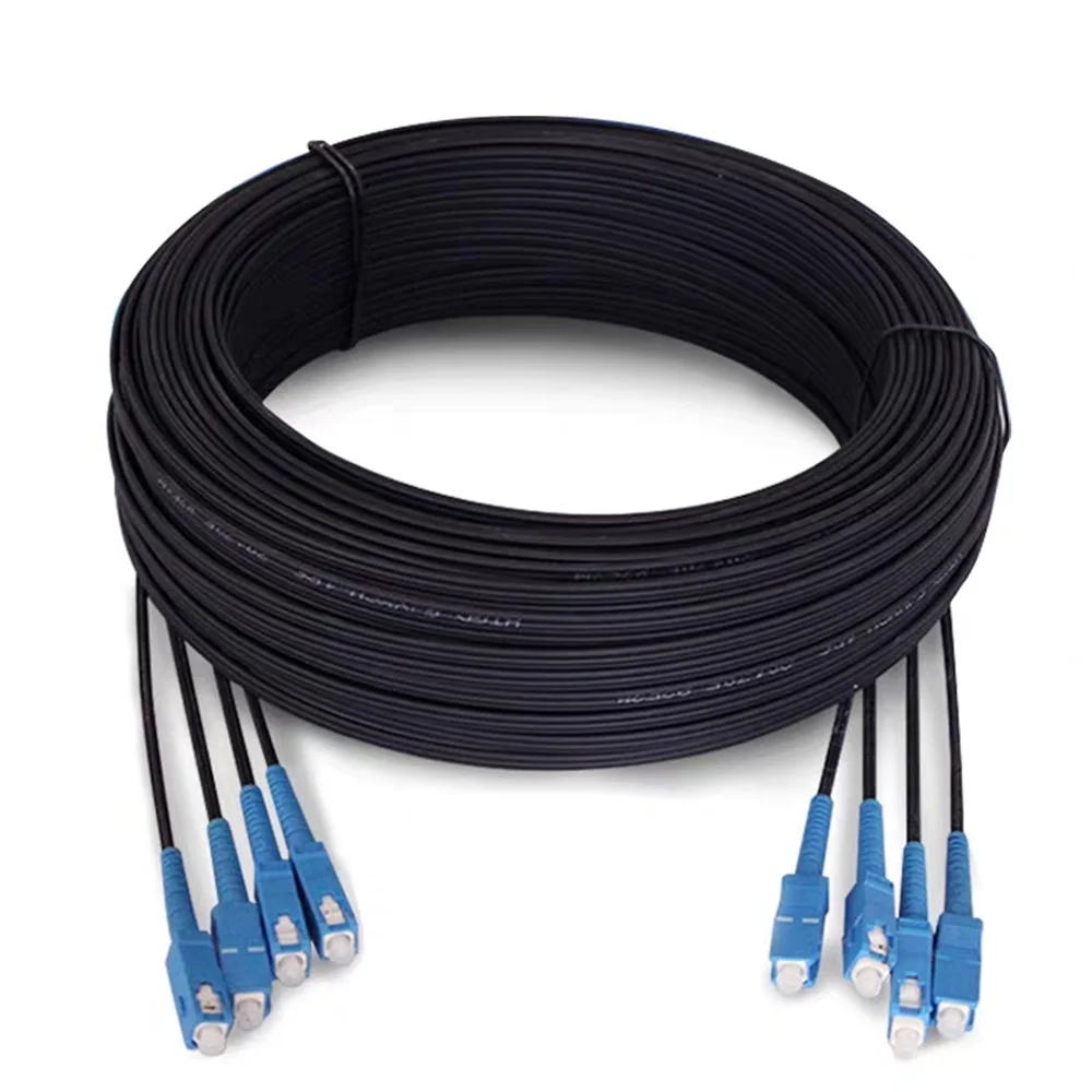 Drop Cable patch cord G657A1 4 Core SC UPC Single Mode LSZH Black 1.0MM Steel Wire Support and FRP Strength Member 1000 Meters