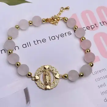 DIY zirconia paved pink Virgin Mary natural gemstone healing crystal rose bracelets healing stone Fashion jewelry