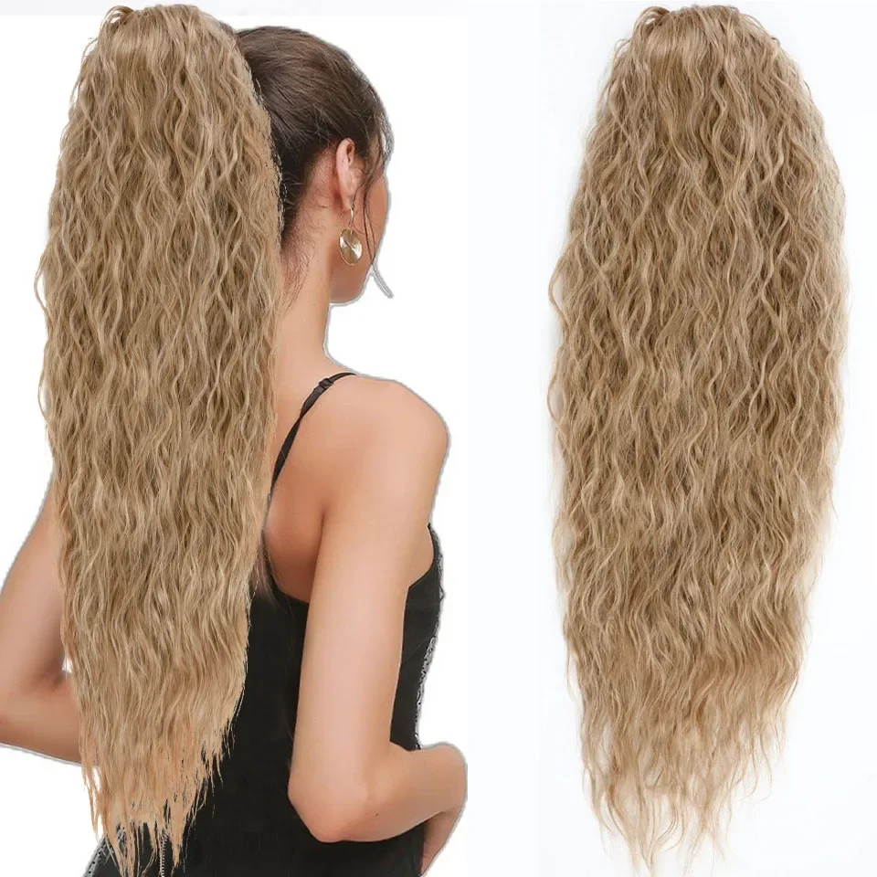 Water Wave Drawstring Ponytail Hair Extensions 170g 26in Curly Pony tail Natural Black Color 100 Brazilian Remy Human Hair 1B_voghion.com