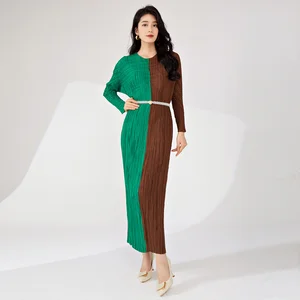 Women's Personalized Stretch Print Pleated Dress Midii Summer Dress Contrast Color Long Sleeves Natural Waistline Sustainable