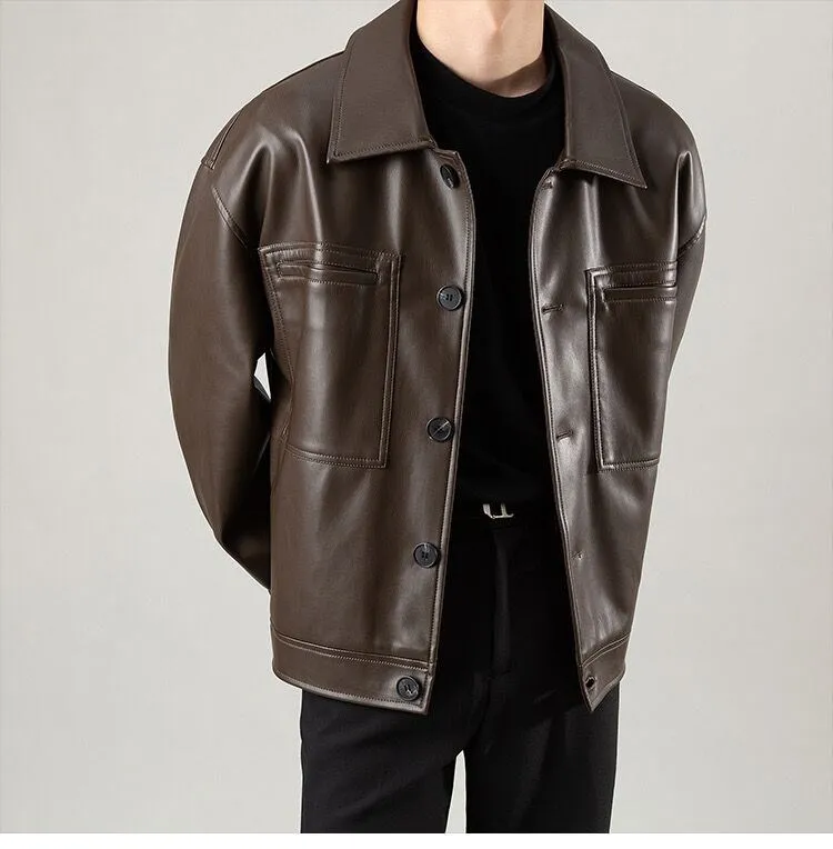Men's Pu Leather Jacket Vintage Style Loose Fit Spring Autumn_voghion.com