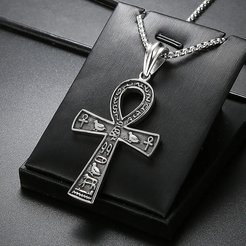 MECYLIFE Ancient Letters African Life Symbol Ankh Pendant Stainless Steel Vintage Hiphop Ankh Cross Necklace