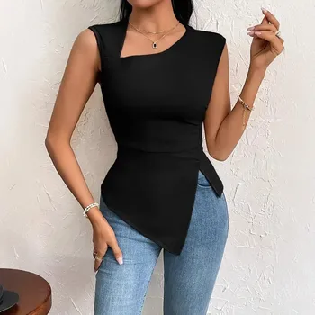 Women's Summer Casual Top Elegant Holiday Date Sisterhood Meeting Outdoor Solid Color Sleeveless Slim Fit T-Shirt