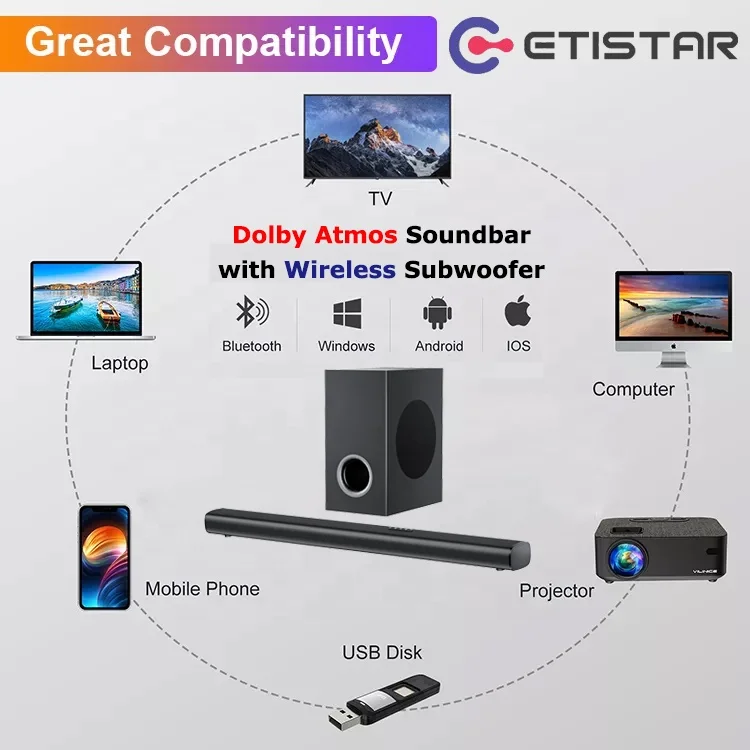 High Style Dolby Atmos Soundbar Bluetooth Wireless 160W 3.1.2ch Tv Sound Bar  For Speaker Home Theatre System