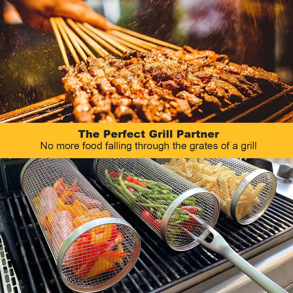 Stainless Steel 304 Barbecue Bbq Round Rolling Grill Grilling Basket