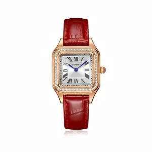 High Quality Roman Ladies' Rectangle Quartz Watch Ronda Movement Leather Band with Pointer Dial Display