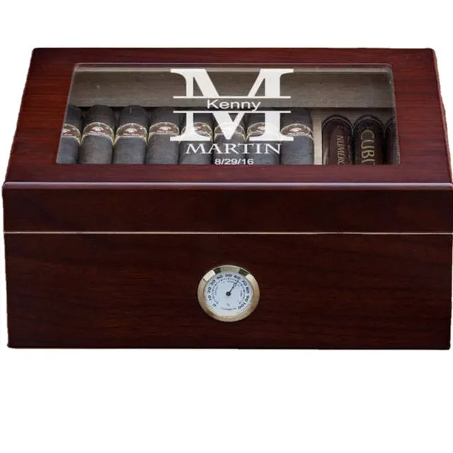 Wholesale Glass-Top 25-50 Cigars Hygrometer & Divider Wooden Holder Cigar Humidor Cigar Box