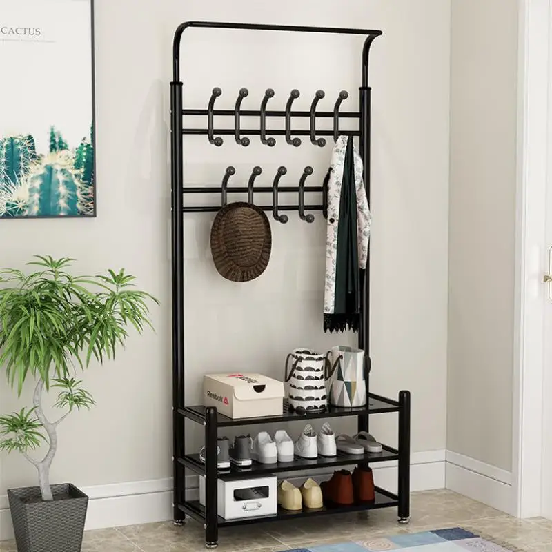 Black Metal Entryway Storage 3 Tier Shoe with Coat Hat Rack 18 Hooks