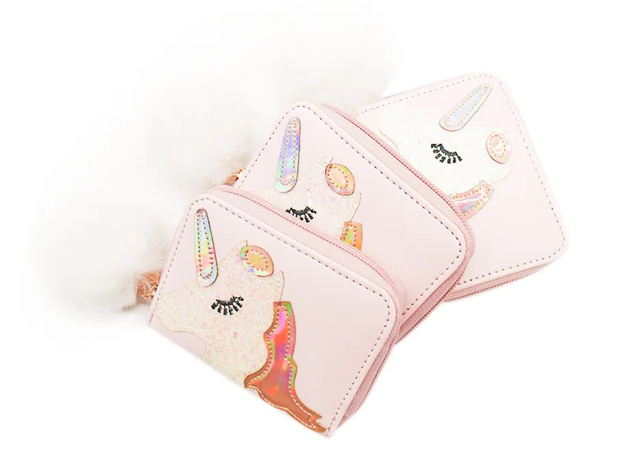 Оптовая продажа от производителя, миниатюрный детский блестящий кошелек Seaygift для монет с милым единорогом, блестящий кошелек из искусственной кожи для кредитных карт, кошелек, сумка для денег для девочек