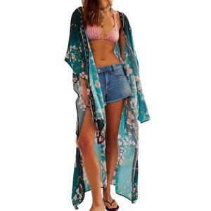 New Design Floral Plus Size Anti-Uv Batwing Sleeve Midi Chiffon Duster Summer Beach Cover-up Sun Smock Top Fashion Print Womens