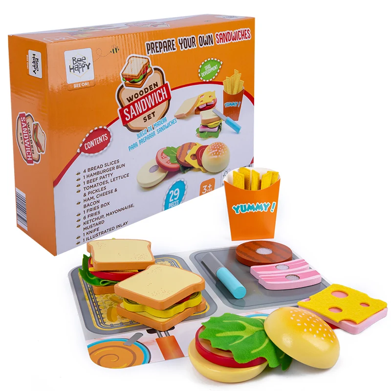 Wooden Hamburger Chips Set para Crianças, Finja Brincar, Cozinha