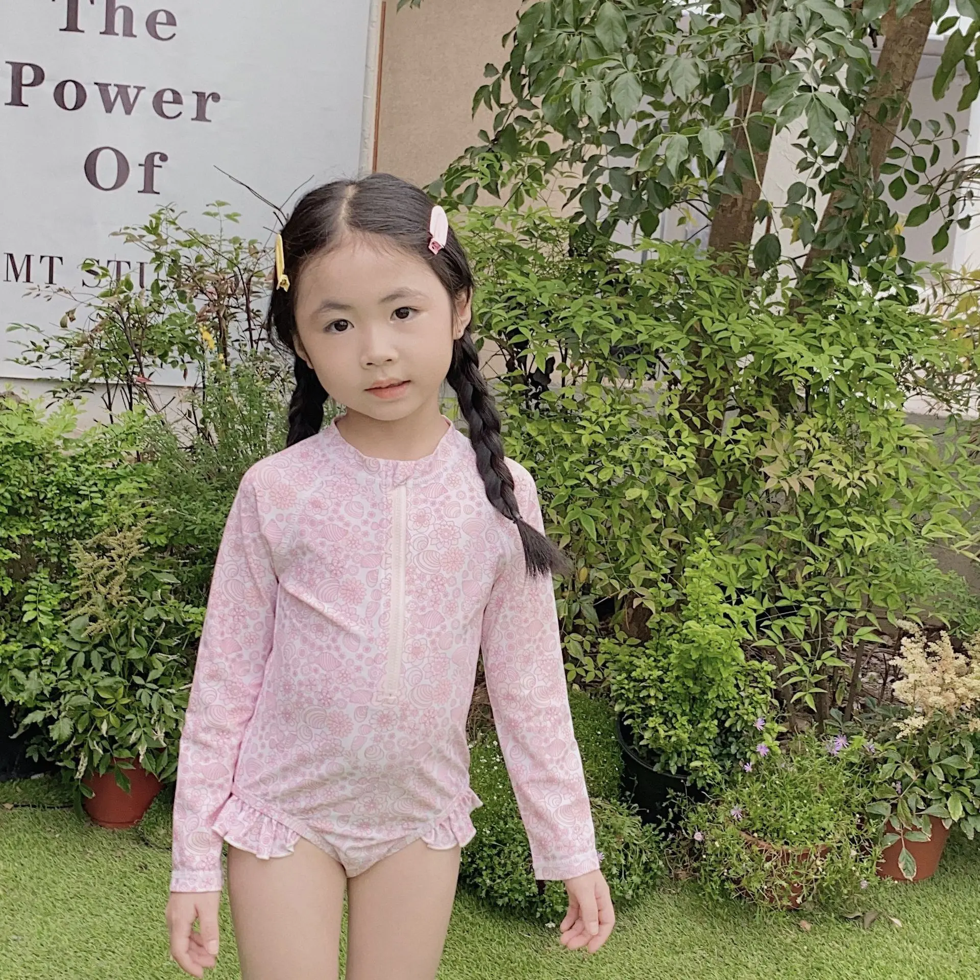 Baby Girl Swimwear Onepiece Swimsuit Long Sleeve Zipper Quick Dry