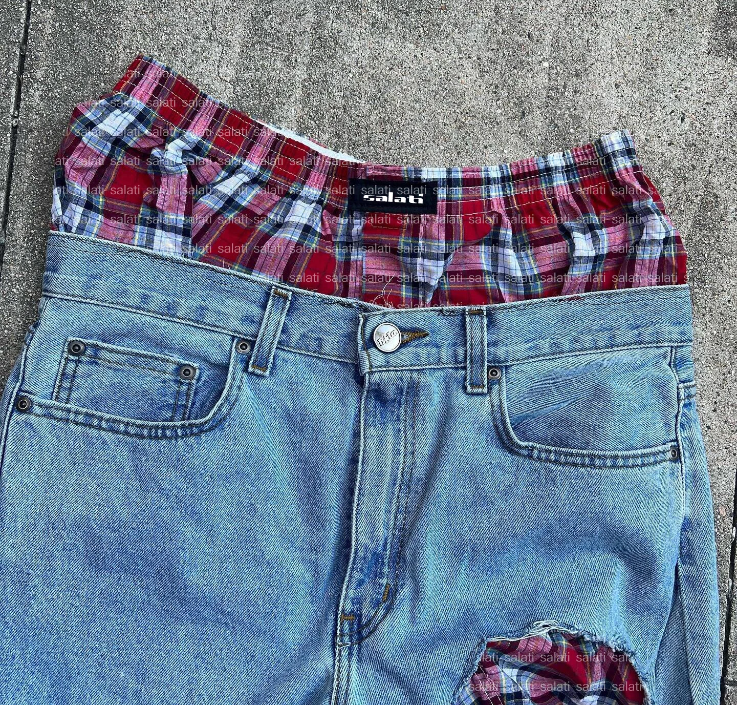 Custom Double Waist Denim Pants Straight Leg Plaid High Waist Oversized Ripped Cotton Baggy Streetwear Flare Jean Pants for Men gallery 3
