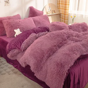Luxury Fur Velvet Fluffy Custom Winter Warm 100% Polyester Bedsheet Sets Solid Color Faux  Bedding Set