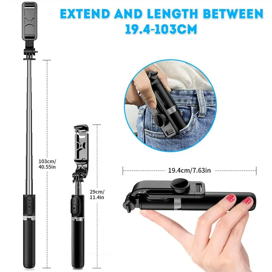 
 Q02 360 вращения Портативный Легкий 40-дюймовый алюминиевый Отсоединяемый Беспроводная селфи-палка штатив-Трипод  