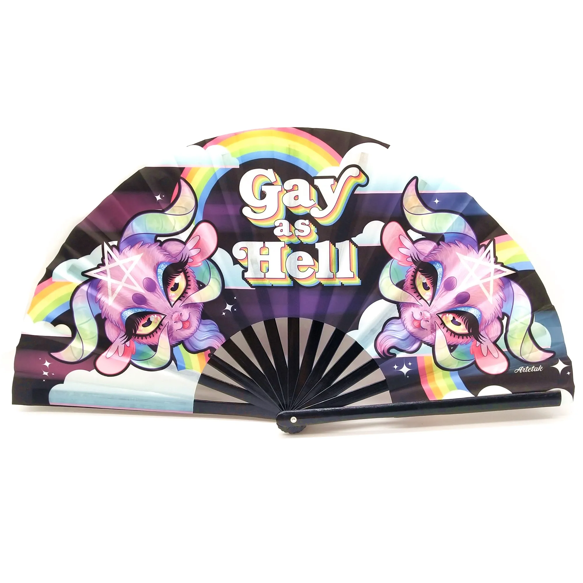 Big Clack Large 33Cm Custom Logo Printing Polyester Satin Bamboo Fan Rainbow Gay Pride Fan