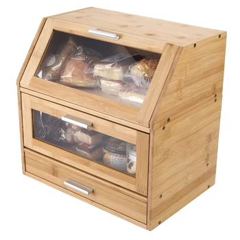 Natural Stackable Bamboo 3-Tier Bread Box with Clear Window Cutlery Tray Drawer Detachable 2-Tier Can Rack Organizer