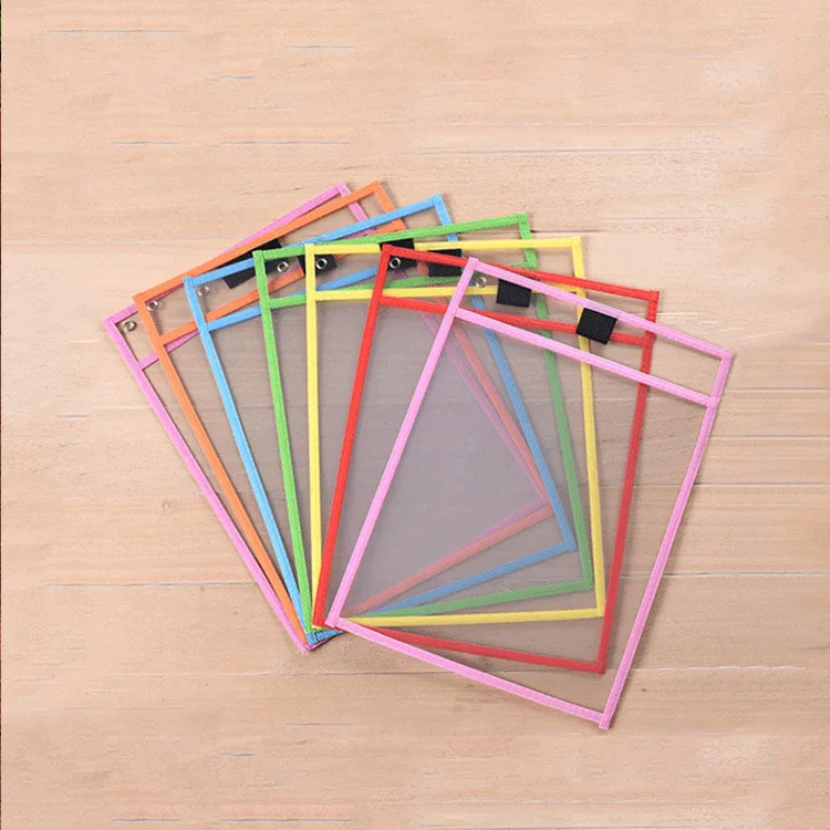 Школьный обучающий инструмент с логотипом на заказ из ПВХ/ПЭТ, Многоразовые прозрачные пластиковые многоразовые сухие стираемые карманы