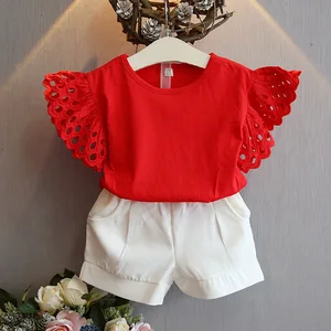 Summer Children's Set 2-3 Years 8 Years Two-piece Short Sleeve Jacket Outfit for Girls Unique Hollow Design Clothes for Kids