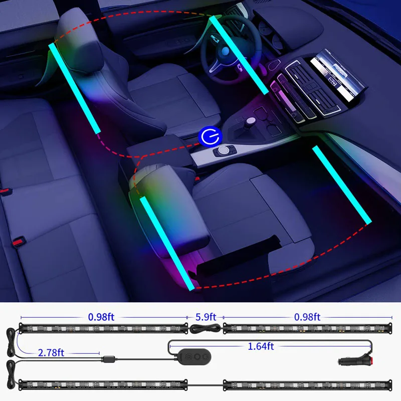DC Bawoo Car LED Strip Light Upgrade Two-Line Design Waterproof 4pcs 48 LED APP Controller Lighting Kits Multi DIY Color Music Under Dash Car Lighting with Car Charger Interior Car Lights 