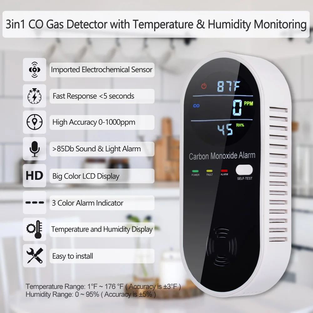 AC-Plug-in Carbon Monoxide Detectors with Voice & Light Alarm, Home Carbon Monoxide Monitor for Kitchen/Bedroom/Living Room