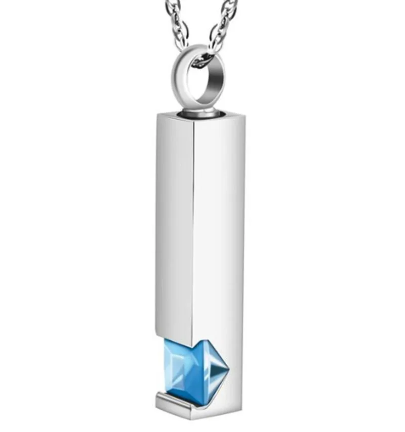 Unisex Stainless Steel Vertical Cubic Bar Container Urn Memorial Pendant Necklace Keepsake 12 color Crystal Cremation Jewelry