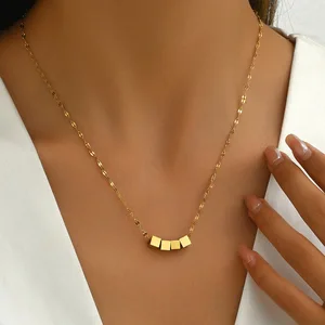 Light Luxury Simple Four Small Square Pendant Stainless Steel Women's Europe America Style Bamboo Necklace Fashion Niche