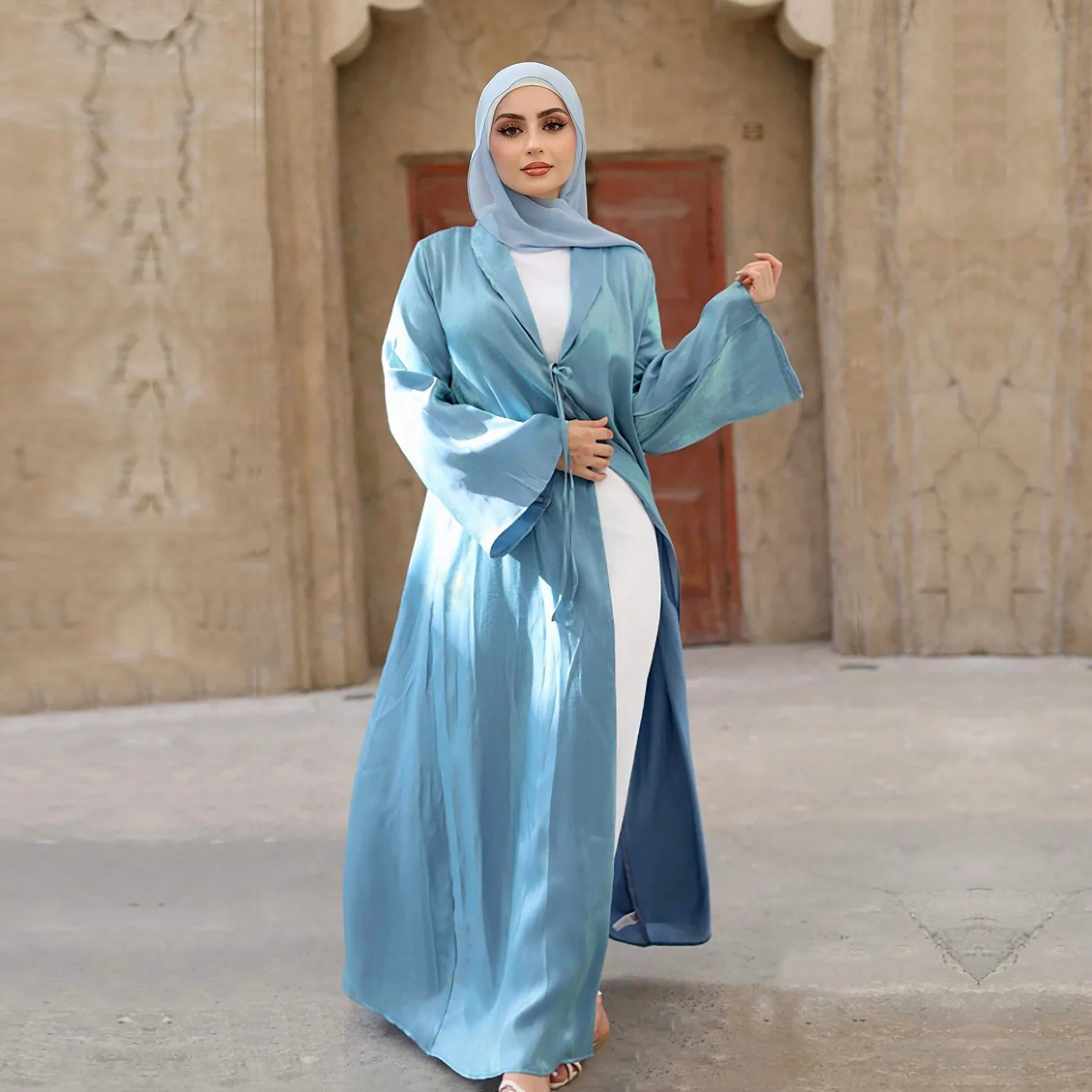 Dubai Modest Winter Robe Women Long Cardigan Dress Lace-up Horn