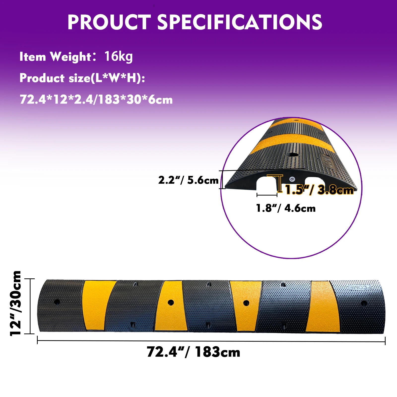 Reflective Rubber 30 Inch 6 Foot 1.83m Road Hump Speed Bump factory