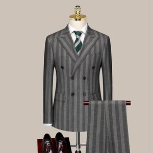 2026 New Men's Dark Grey Striped 2 Pieces Slim Groom Business Peaked Lapel High Quality Double Breasted Suit Set for Men