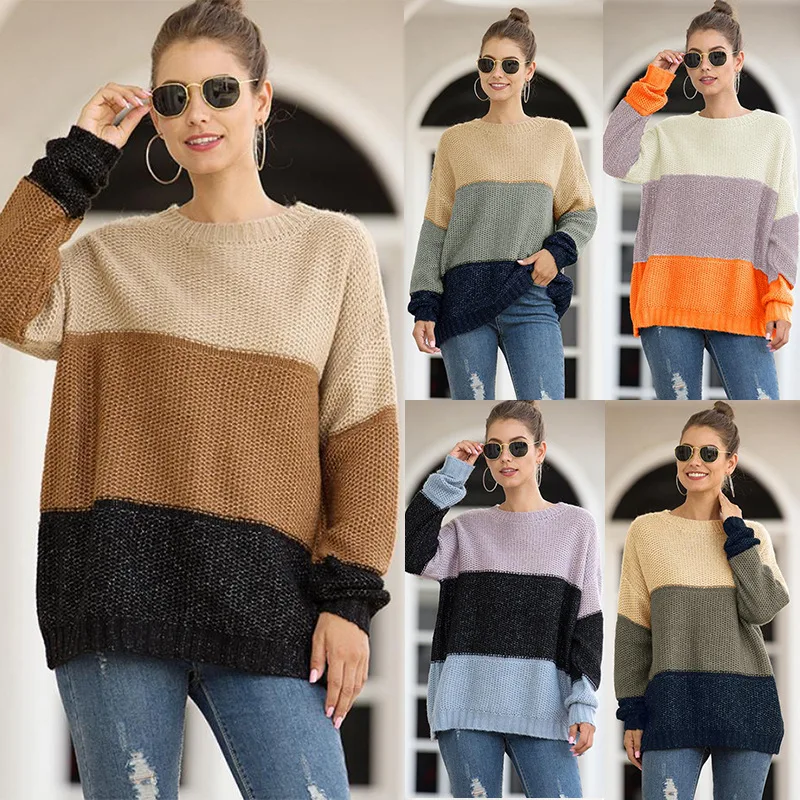 New Winter European And American Fashion Stripe To Spell Color Pullover Sweater Female Thick Thread Knitwear