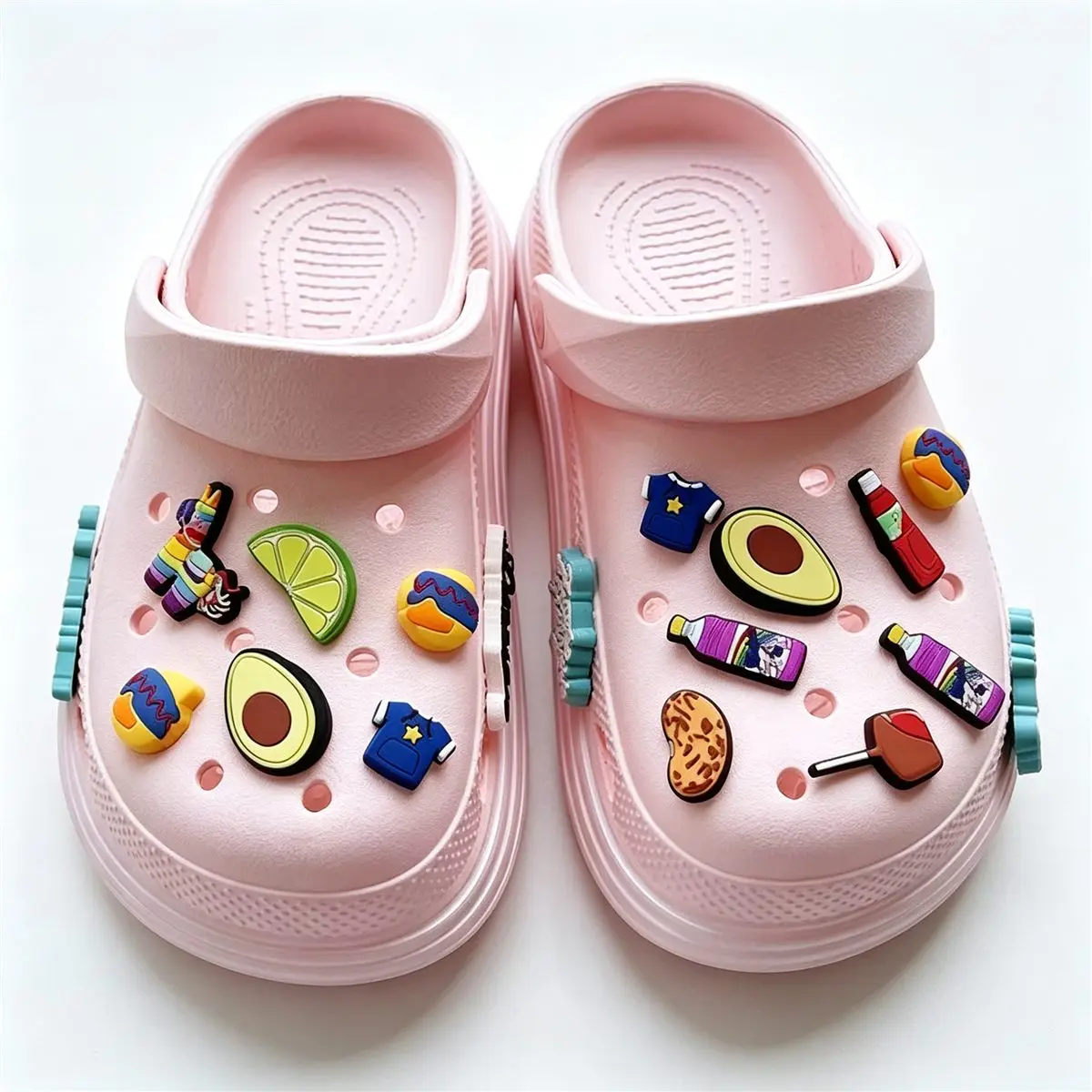Pastel foodie themed shoe charms on pink clogs