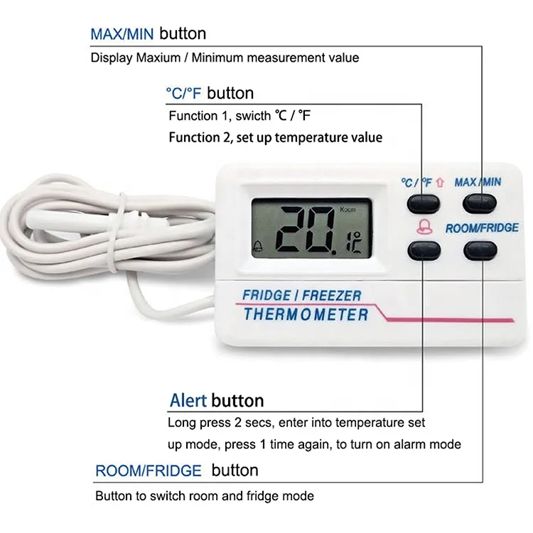 Max Min Digital Small Chiller Refrigerator Freezer Fridge Thermometer With Probe and Temperature Alert