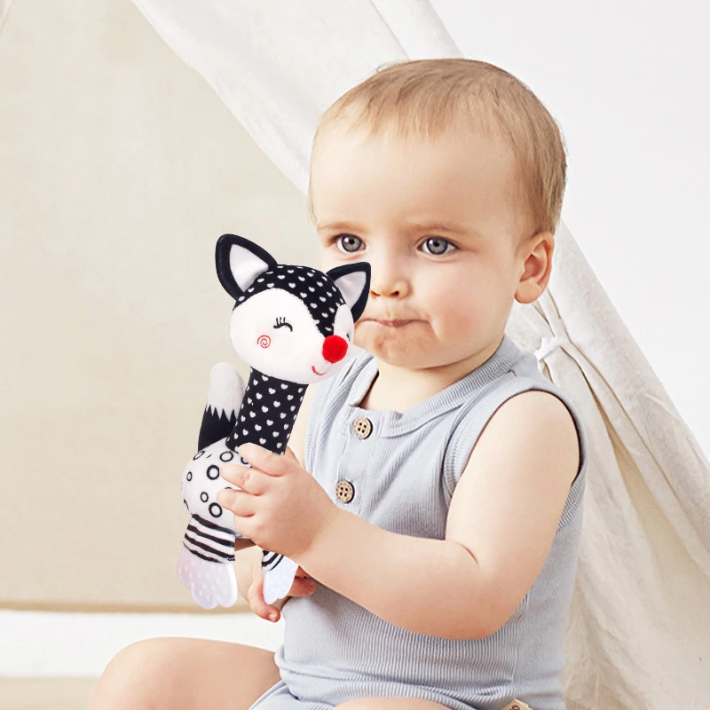 T037 Black and white hand bell baby cartoon fox elephant hand stick plush toy