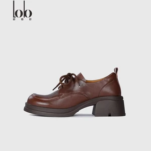 Luxury Women's Square Heel Thick-Soled Chunky Shoes Popular Lace-Up Design Genuine Leather Office-Appropriate for All Seasons