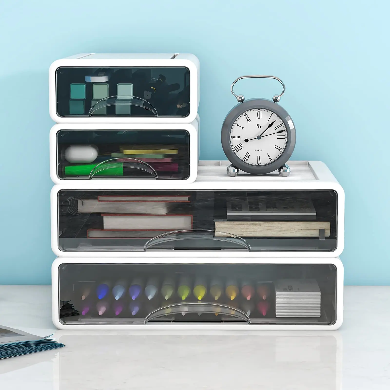 White Plastic Desktop Storage Box - Stackable & Sustainable