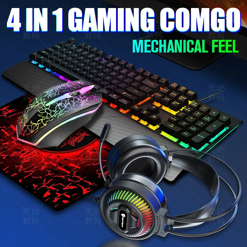 Original logo Four-in-One LED Wired Gaming Keyboard Mouse Mice Combo with Headset and Pa aperçu 4