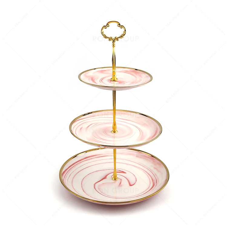 Wedding Party Banquet Restaurant Dishware Gold Rimmed Pink Color Porcelain Round Dinner Ceramic 3 Tier Cake Stand Dessert Plate