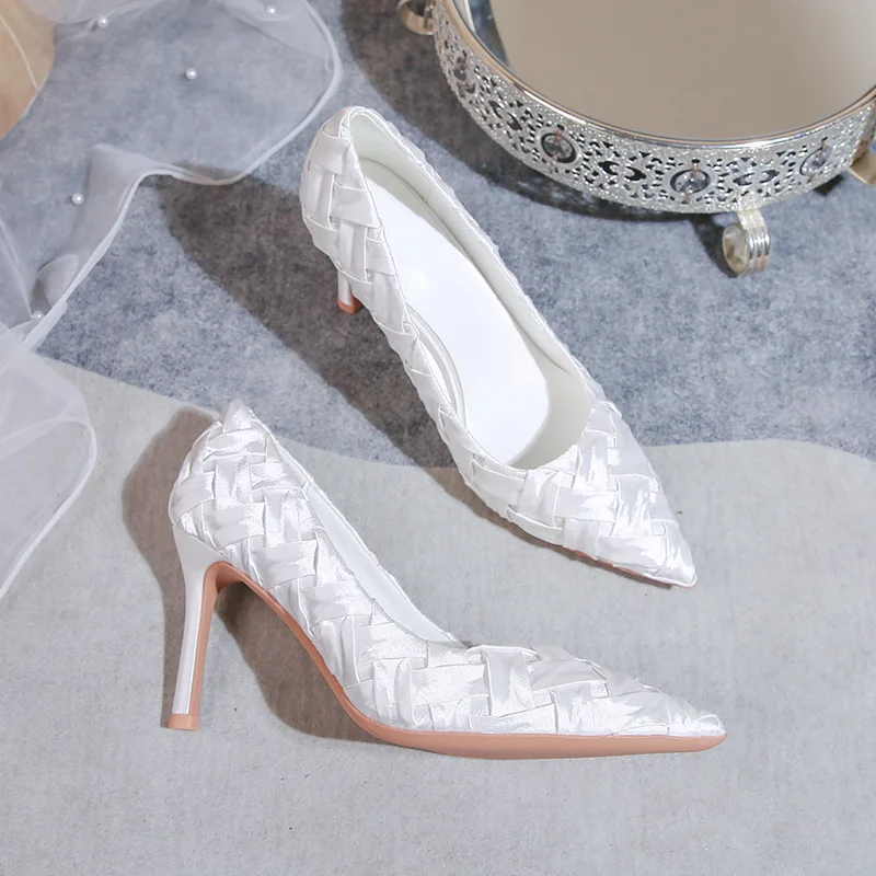 Ladies Bridal Shoes Pointed Toe White Satin Weave High Heeled Elegant Women Wedding Pumps Shoes Party - Image 1