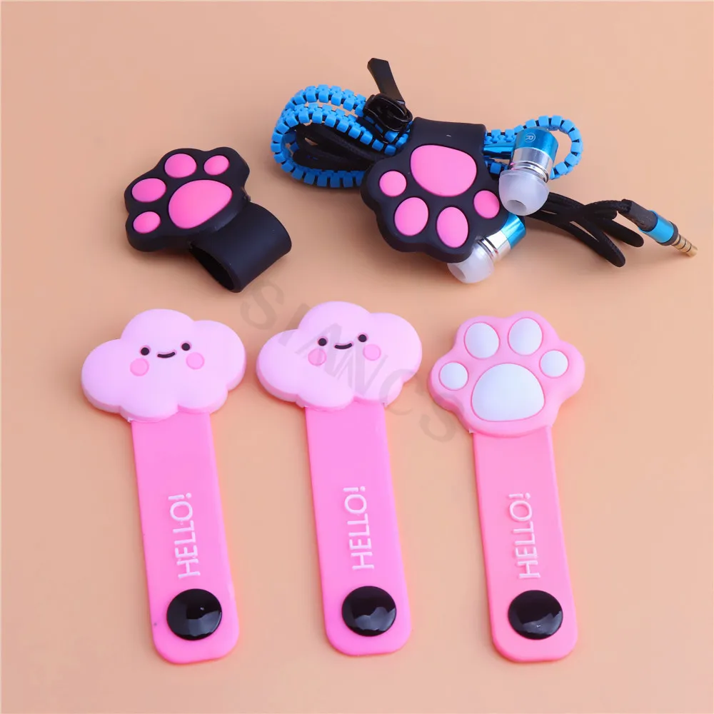 Cute cat paw buckle holder pink cloud mobile phone data cable winder silicone cartoon earphone cable wire storage clip organizer