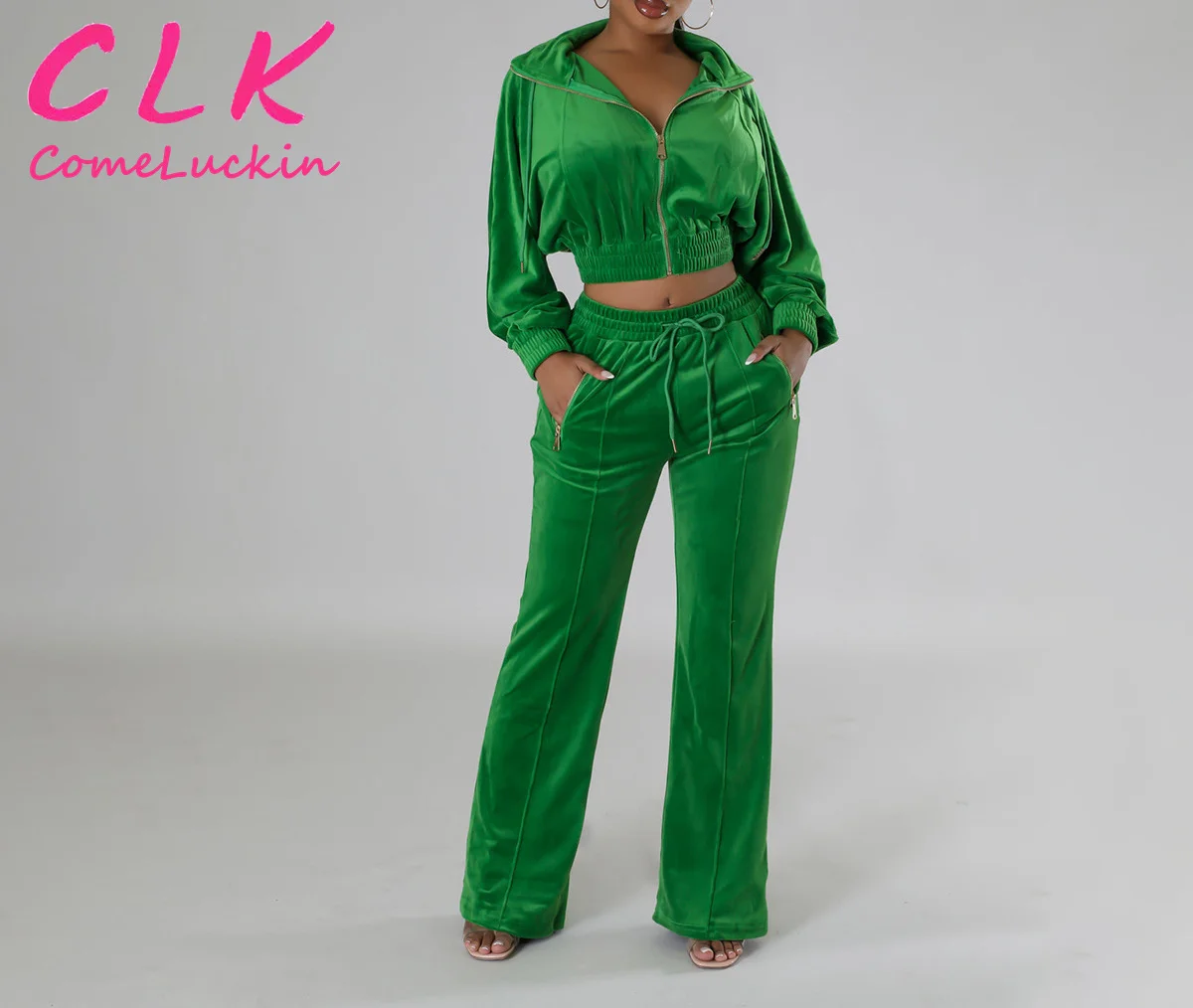 Custom Rhinestone Women's Velvet Tracksuit Fashion Long Sleeve Zipper
