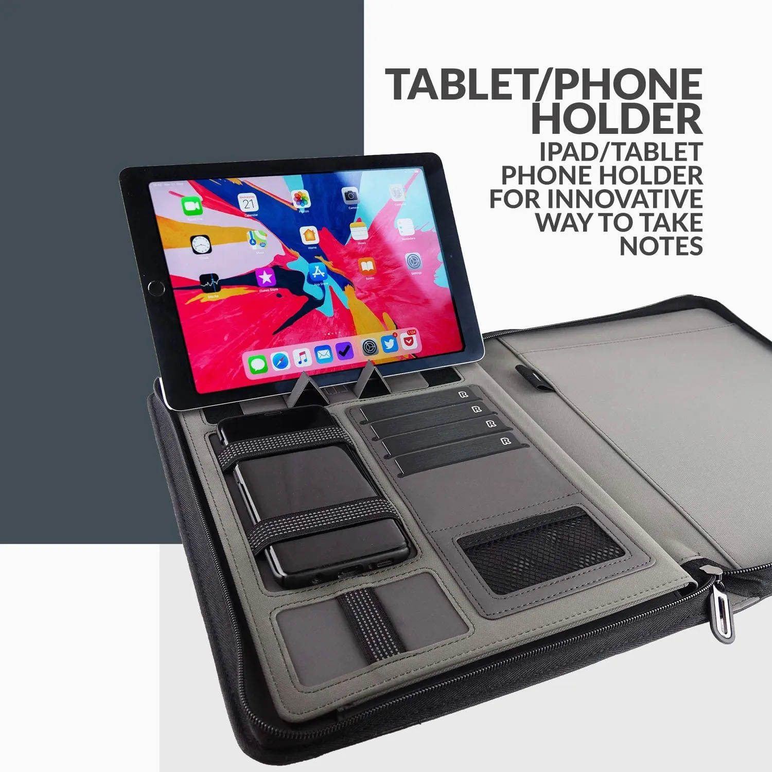 Zippered Padfolio with Card Holders PU Leather Documents Organizer Business Wireless Charging Padfolio Portfolio with Power Bank