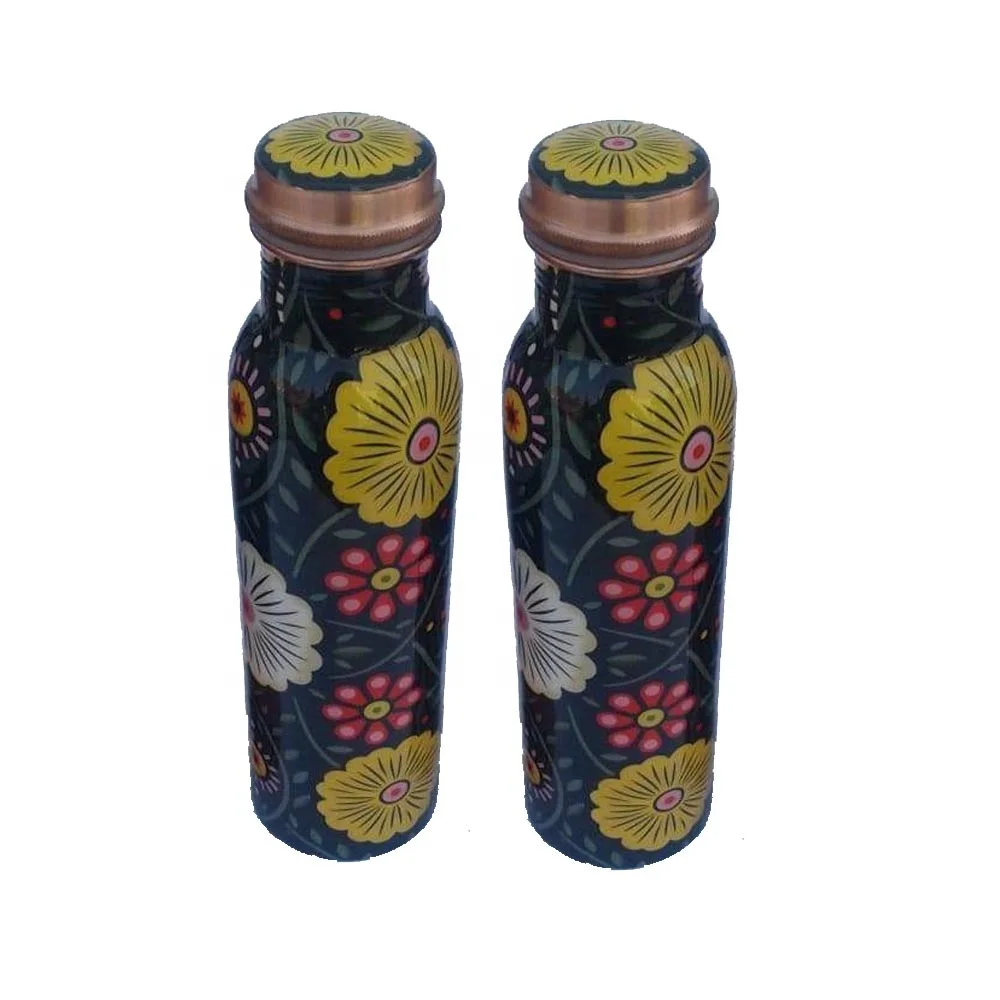Large Funky Copper Metal With Modern Ticket Print Water Bottle Antique Copper Water  Bottle