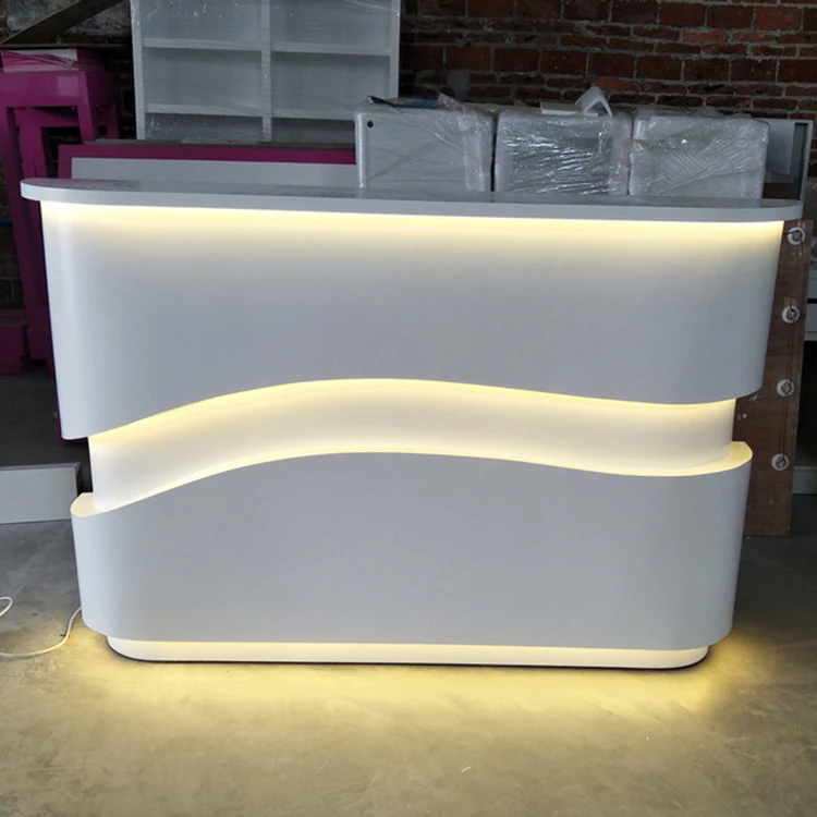Wave Shape Design Led Light Small Source Marble Texture Front Desk White Office Reception Desk