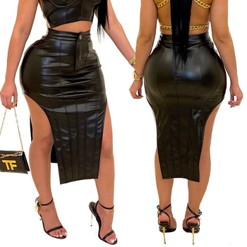 2021 Fashion Black PU Leather A-line Skirts Midi With Zipper Sexy Leather Skirts Woman