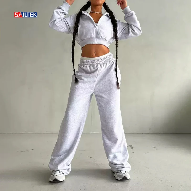 Wholesale Clothing Women Wide Leg Tracksuit Jogger Pants Set Women Custom  Wide Leg Sweatpants and Cropped Zip up Hoodie Set